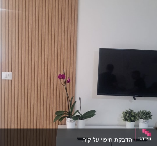 חיפוי קיר דקורטיבי בסרגלי עץ פולימריים לצד טלוויזיה בסלון